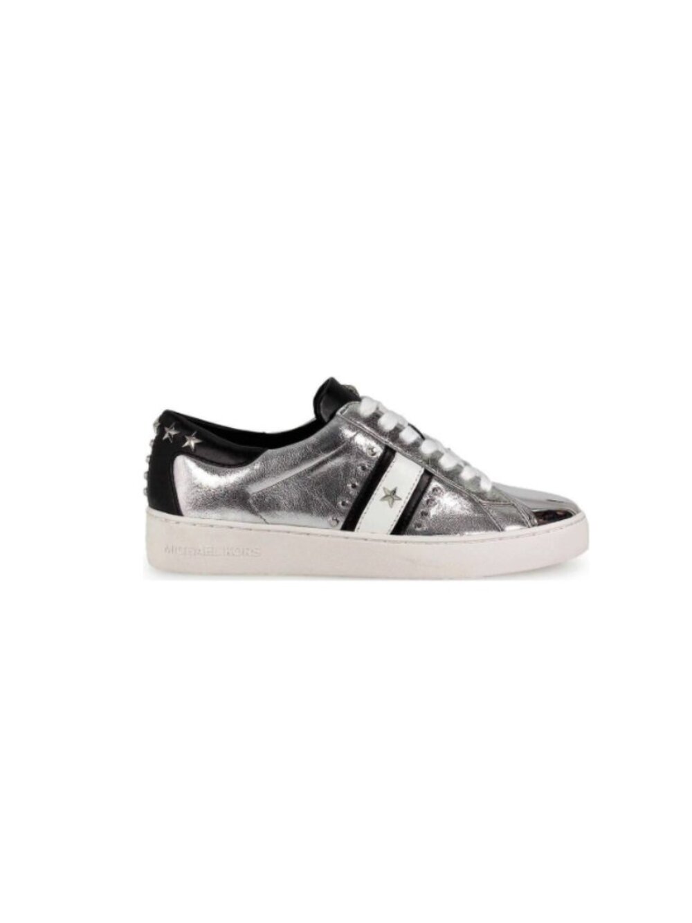 Michael Kors Women's Frankie Stripe Sneaker Leather Silver Black Size 7.5 - Picture 2 of 11
